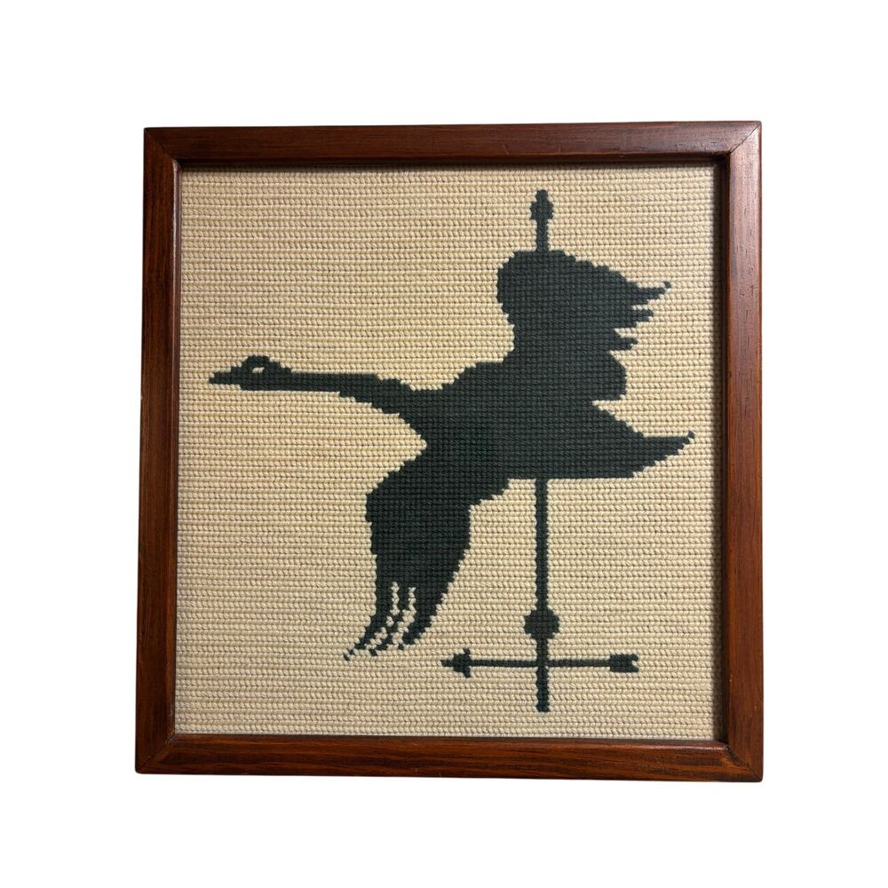 Vintage Framed w Glass Cottage Goose Weather Vane Crewel Embroidery Wall Hanging